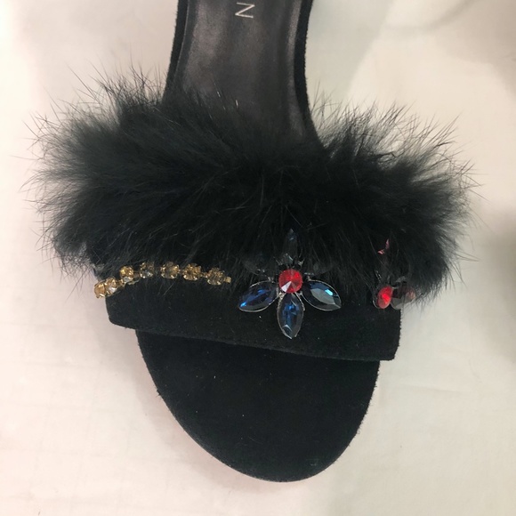 Stuart Weitzman Embellished Suede Fur Sandal Heels - Picture 11 of 15